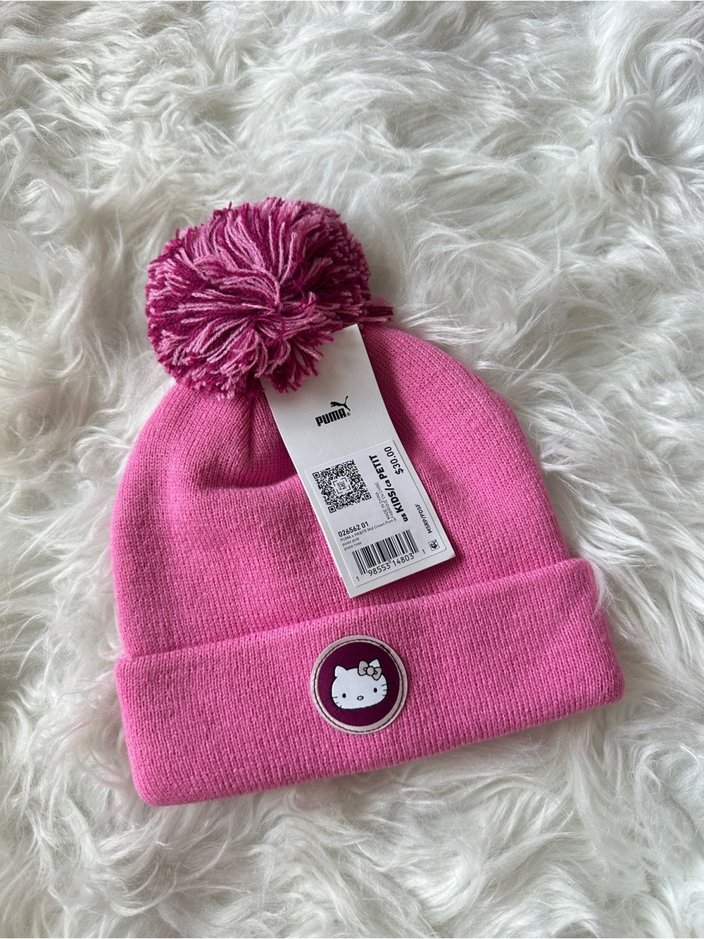 Puma Kids Pink Pom Beanie with Hello Kitty Patch